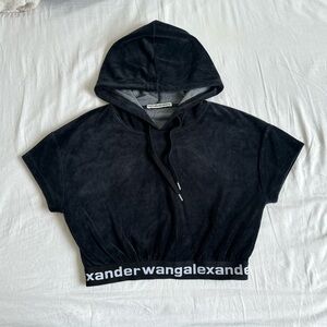 Alexander Wang Black Cropped Hooded Top with Logo Hem